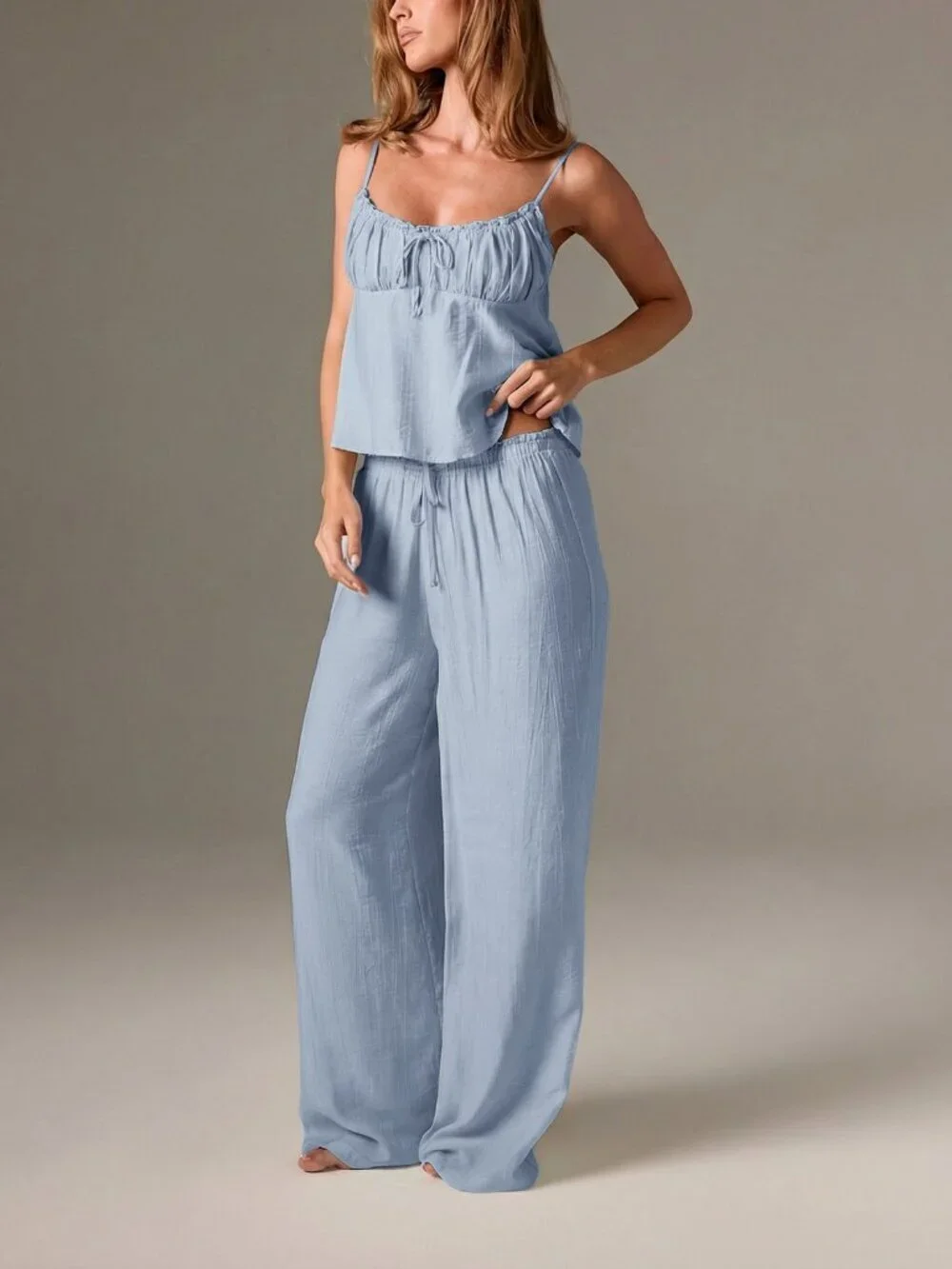 Blue Casual Women's Ruffle cami top with shorts Pajama Set